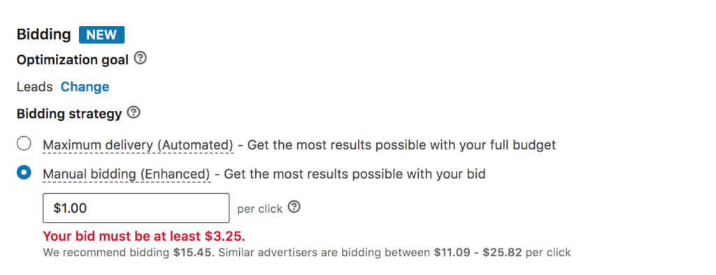 Screenshot of LinkedIn's bidding optimization goal (low bid)