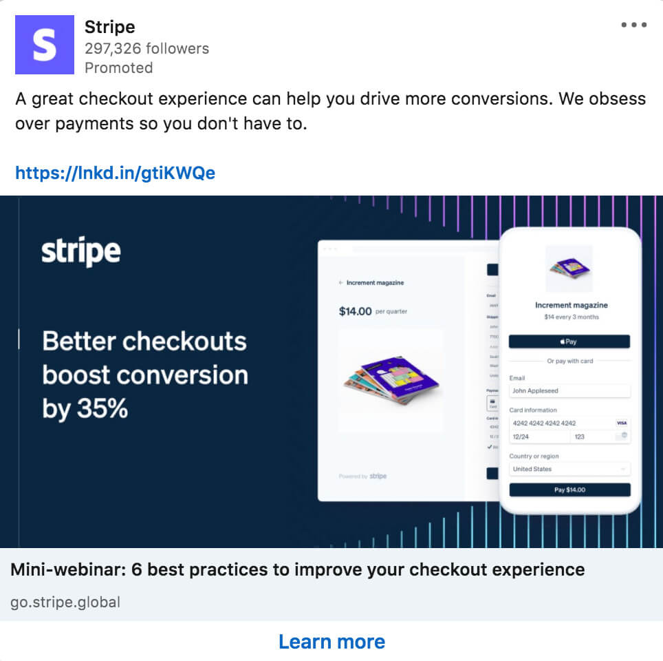 Stripe sponsored content on LinkedIn