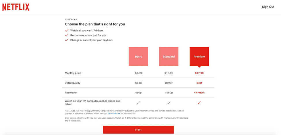 Screenshot Netflix setting up an account step 2 choose plan