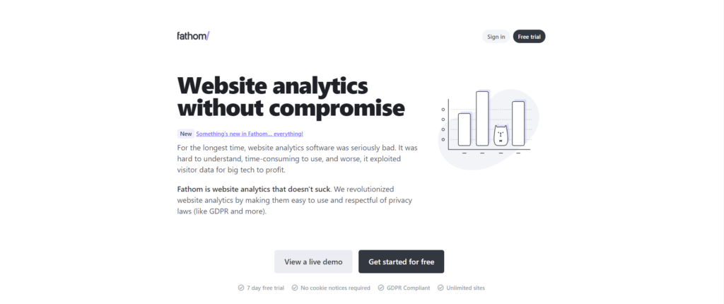 Fathom website analytics landing page