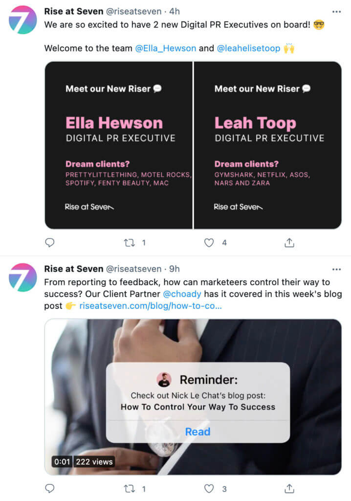 Screenshot of Rise at Seven's tweets sharing new employees joining