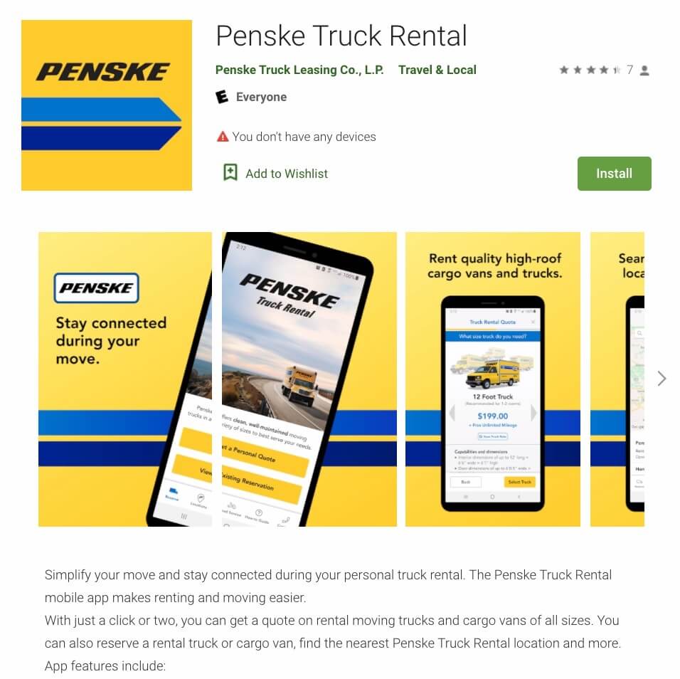 Screenshot of Penske's mobile app (acquired)