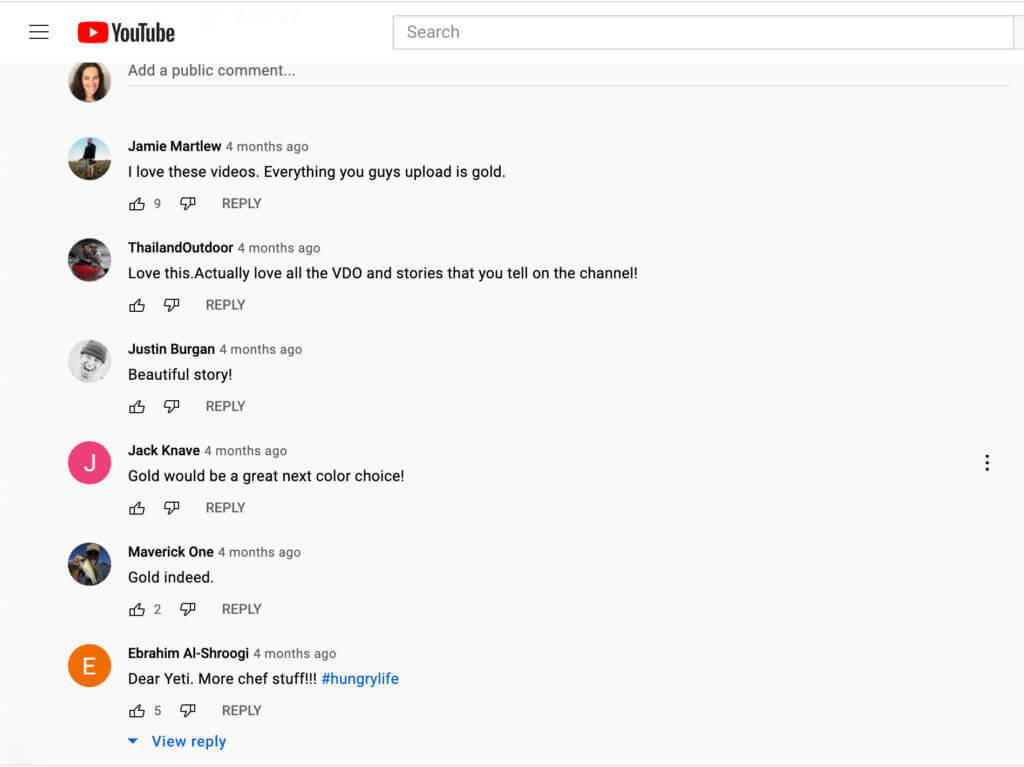 Screenshot of Yeti's YouTube comments