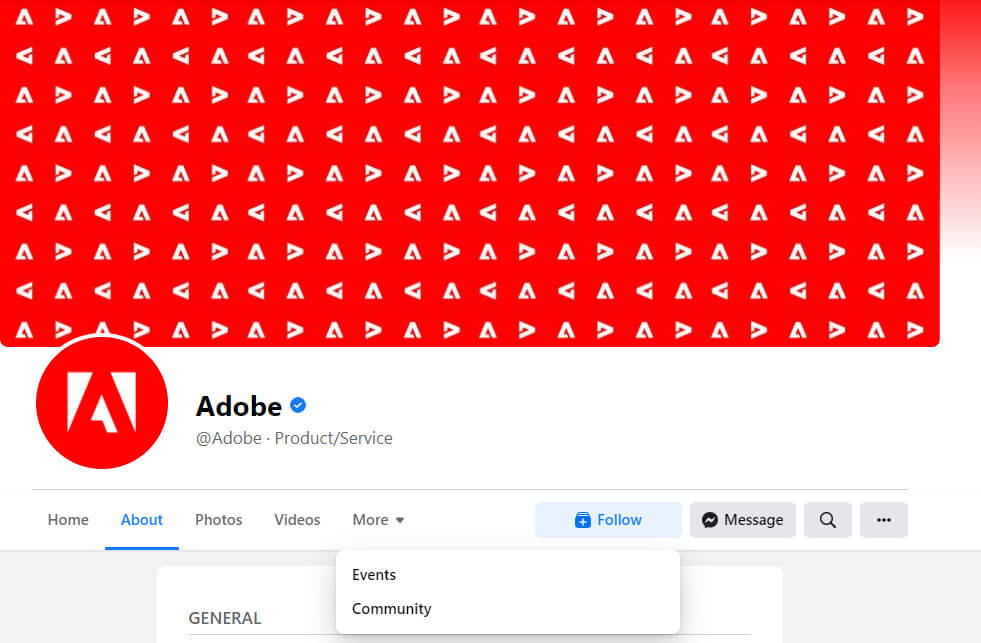 Στιγμιότυπο οθόνης της σελίδας της Adobe στο Facebook