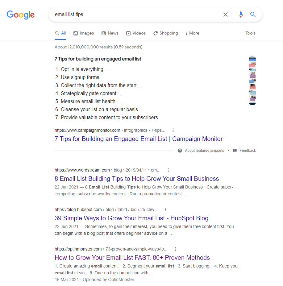 SERP example for phrase "email list tips"