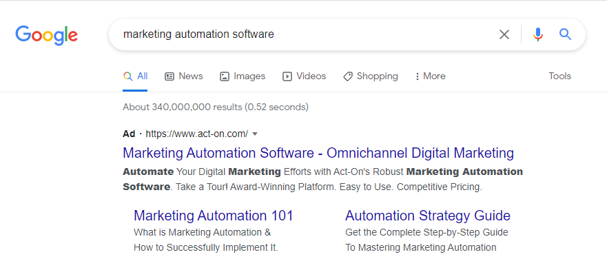 SERP result for "marketing automation software"