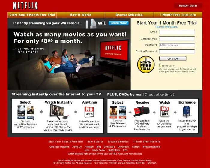 Screenshot of original Netflix home page