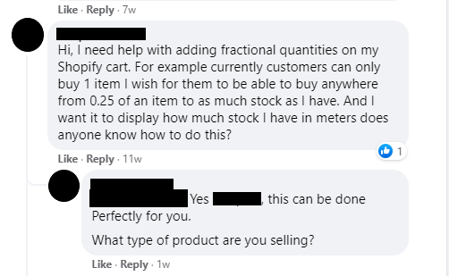 Facebook comment thread from Shopify
