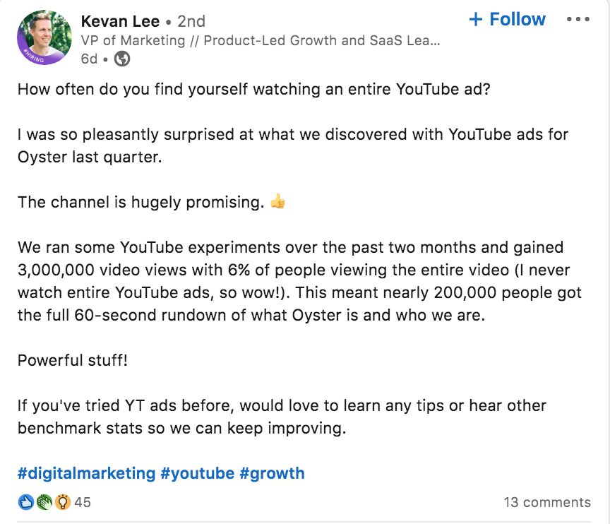 LinkedIn post example from Kevan Lee