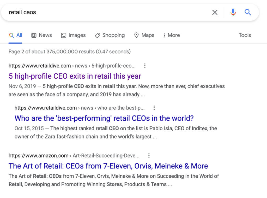 Screenshot of SERPs showing results for retail CEOs