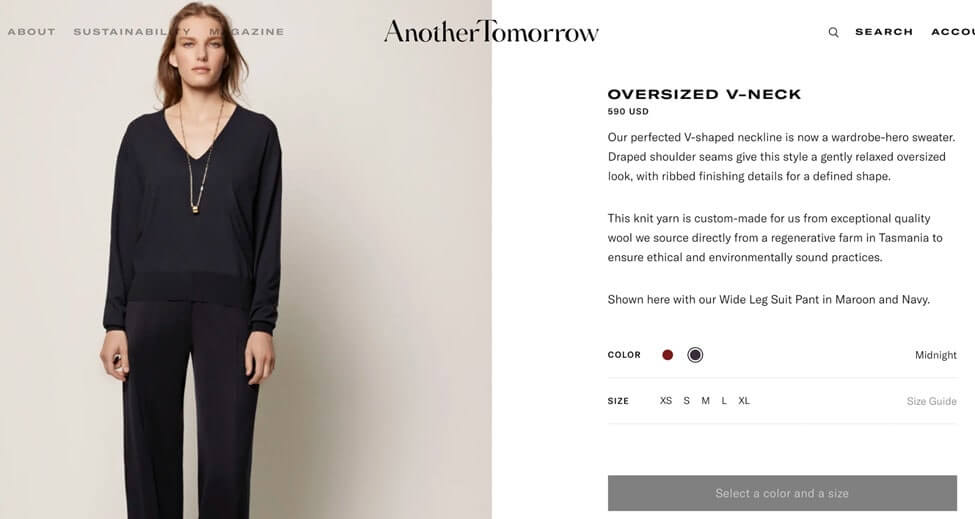 screenshot another tomorrow brand equity example oversized v neck product page