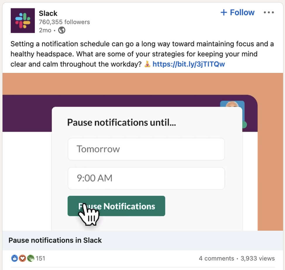 screenshot slack linkedin post helping users thrive by helping them set boundaries