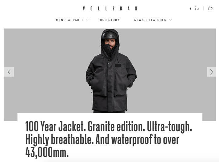 vollebak storytelling into their jacket listing screenshot