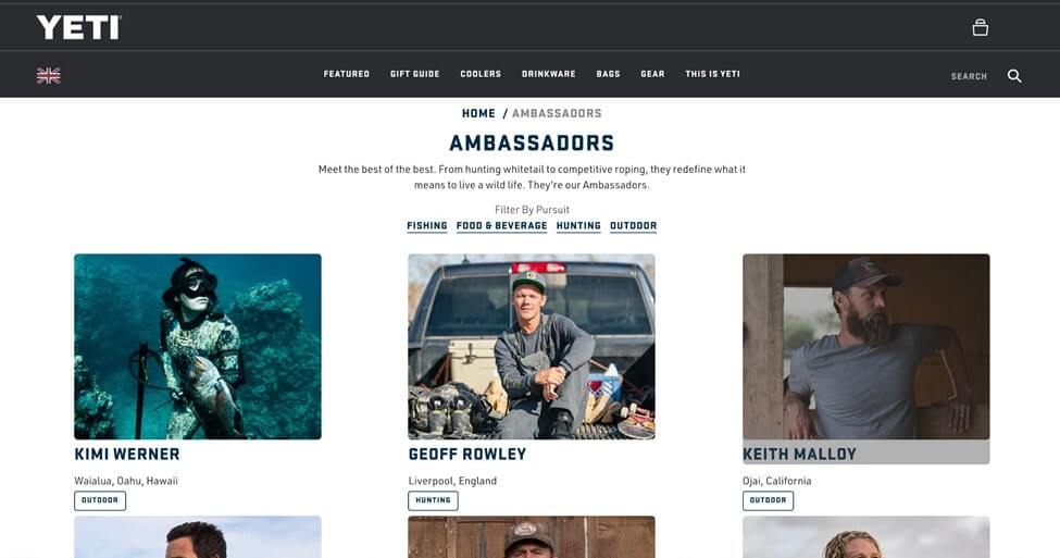 yeti website brand ambassadors page