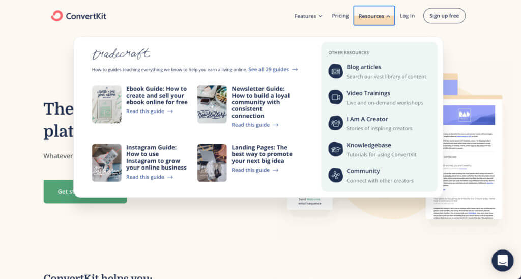 ConvertKit resources menu