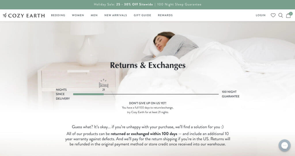 Returns policy page on Cozy Earth website