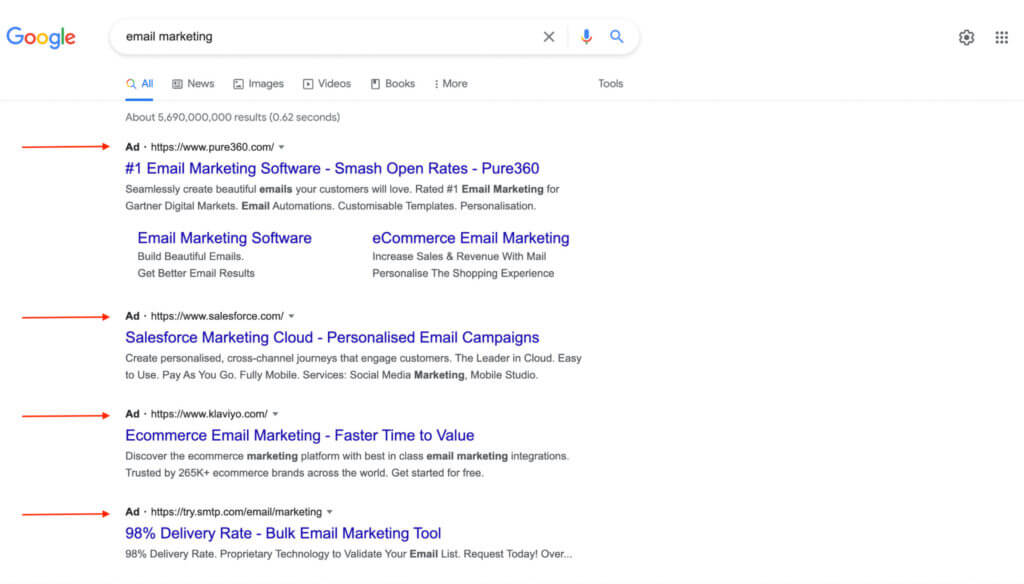Email marketing tools in the SERPs