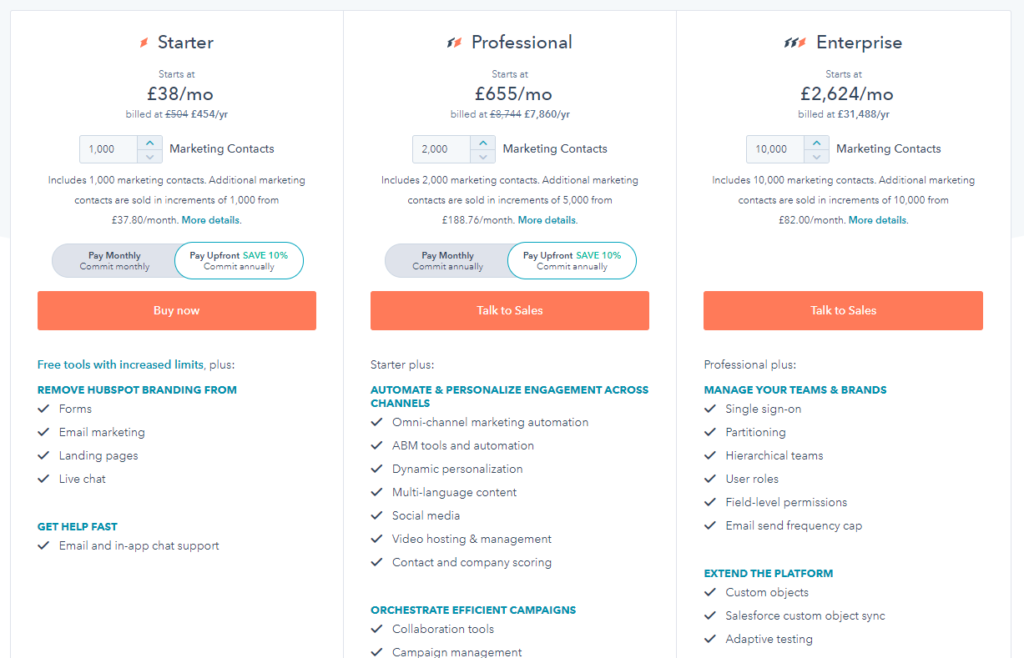 HubSpot pricing page