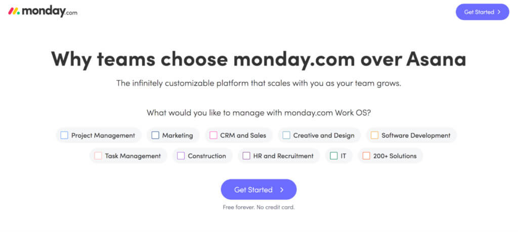 monday.com competitor comparison landing page