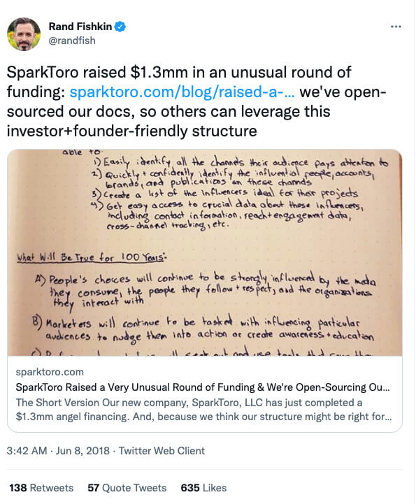 SparkToro tweet funding announcement