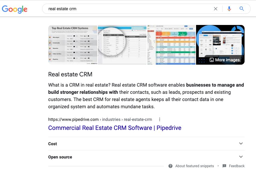 Real estate CRM search results