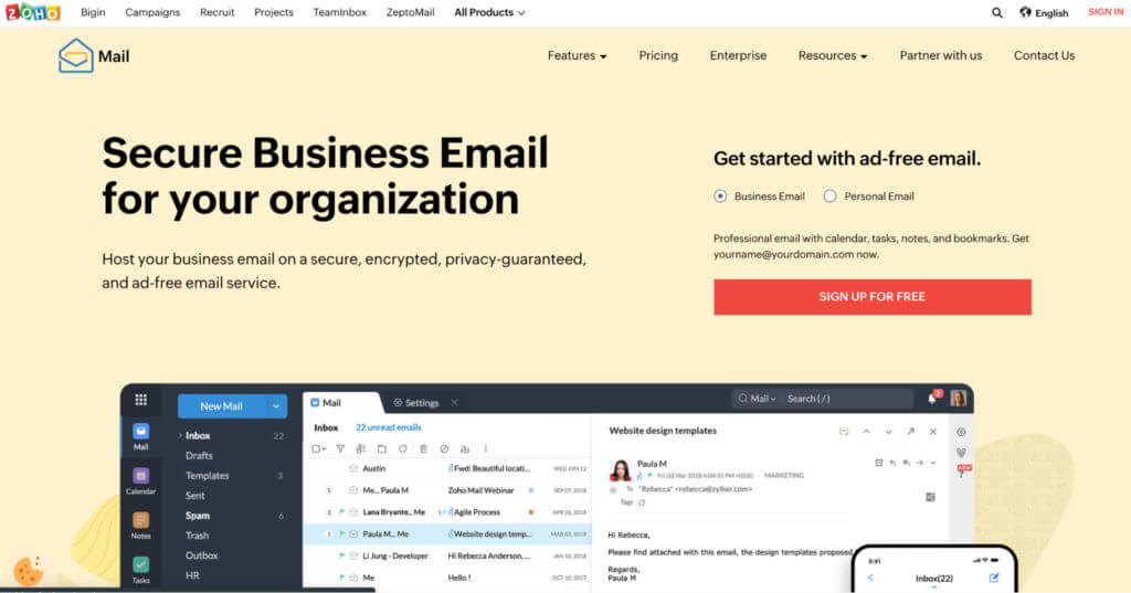 Zoho mail landing page