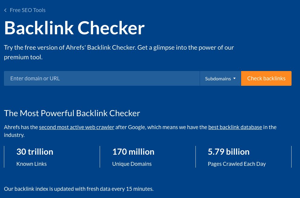Screenshot of ahref backlink checker page