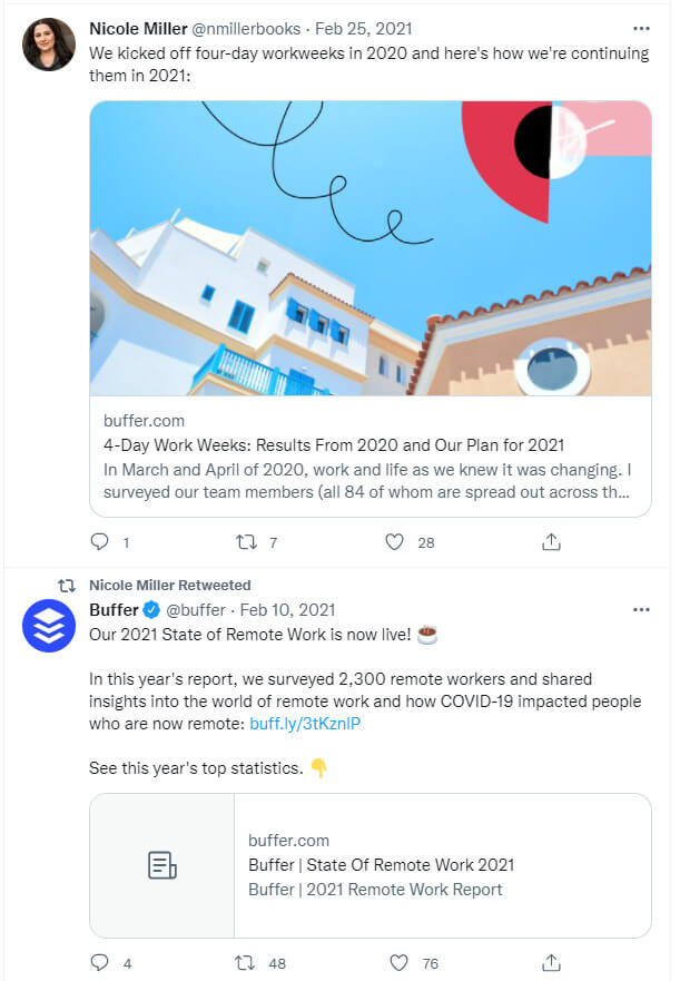 Screenshot of buffer employee social media post representing their company brand while building their own personal brands