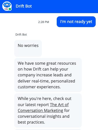 Screenshot of Drift Chatbot Guiding Visitiors to helpful resources