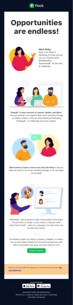 Screenshot of Flock Email on how its platform can benefit trial users