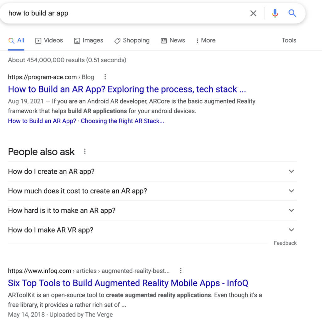 Screenshot of google search result on how to build ar app