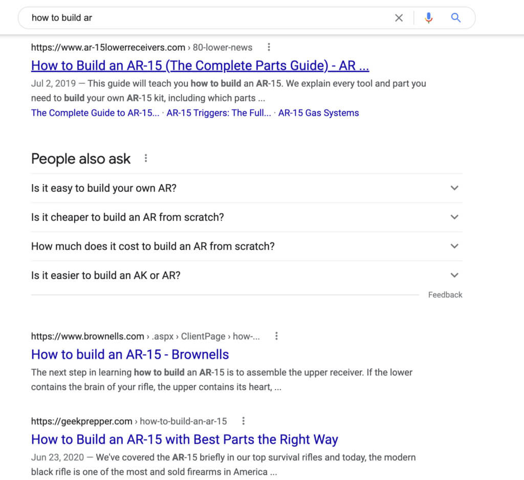 Screenshot of google search result on how to build ar 