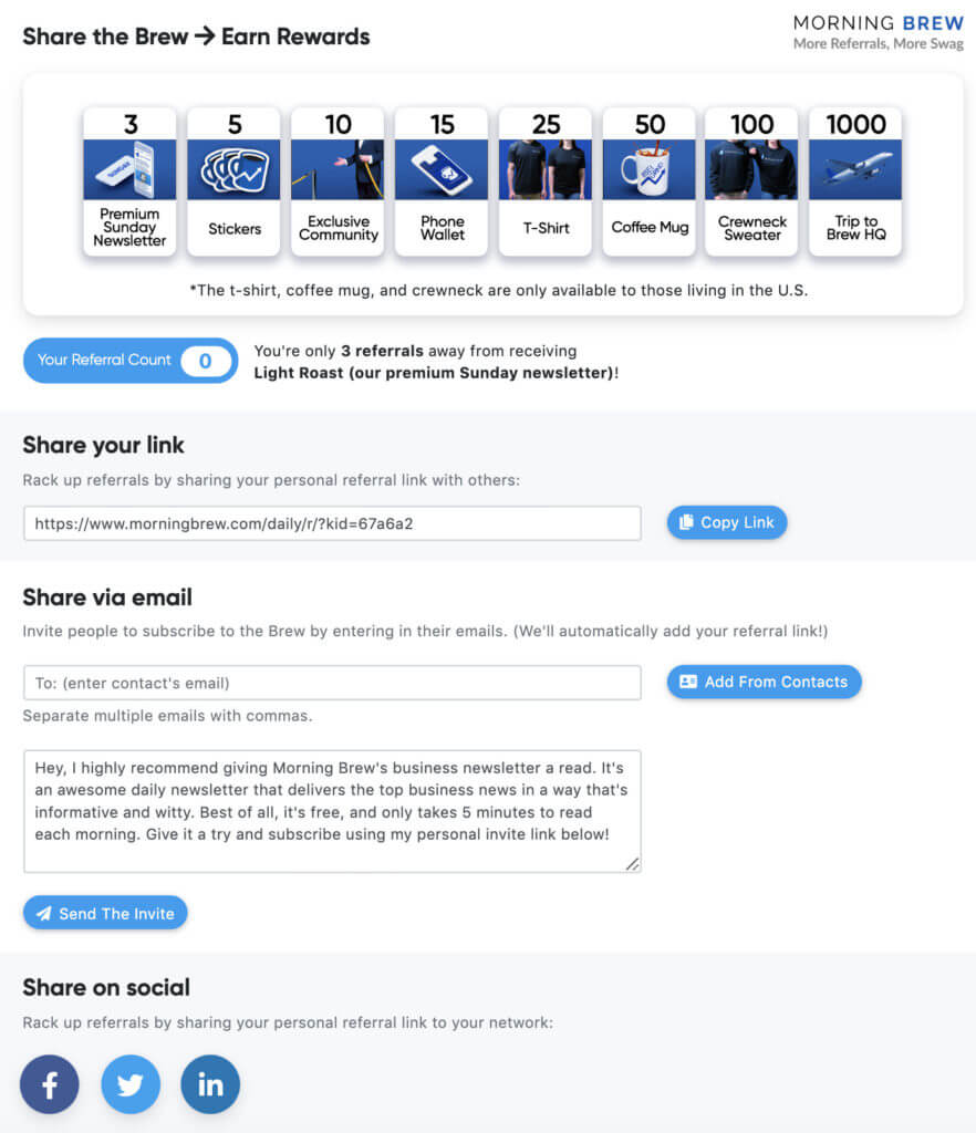 Screenshot of Ways on sharing referral link about Morning Brew Referral Program