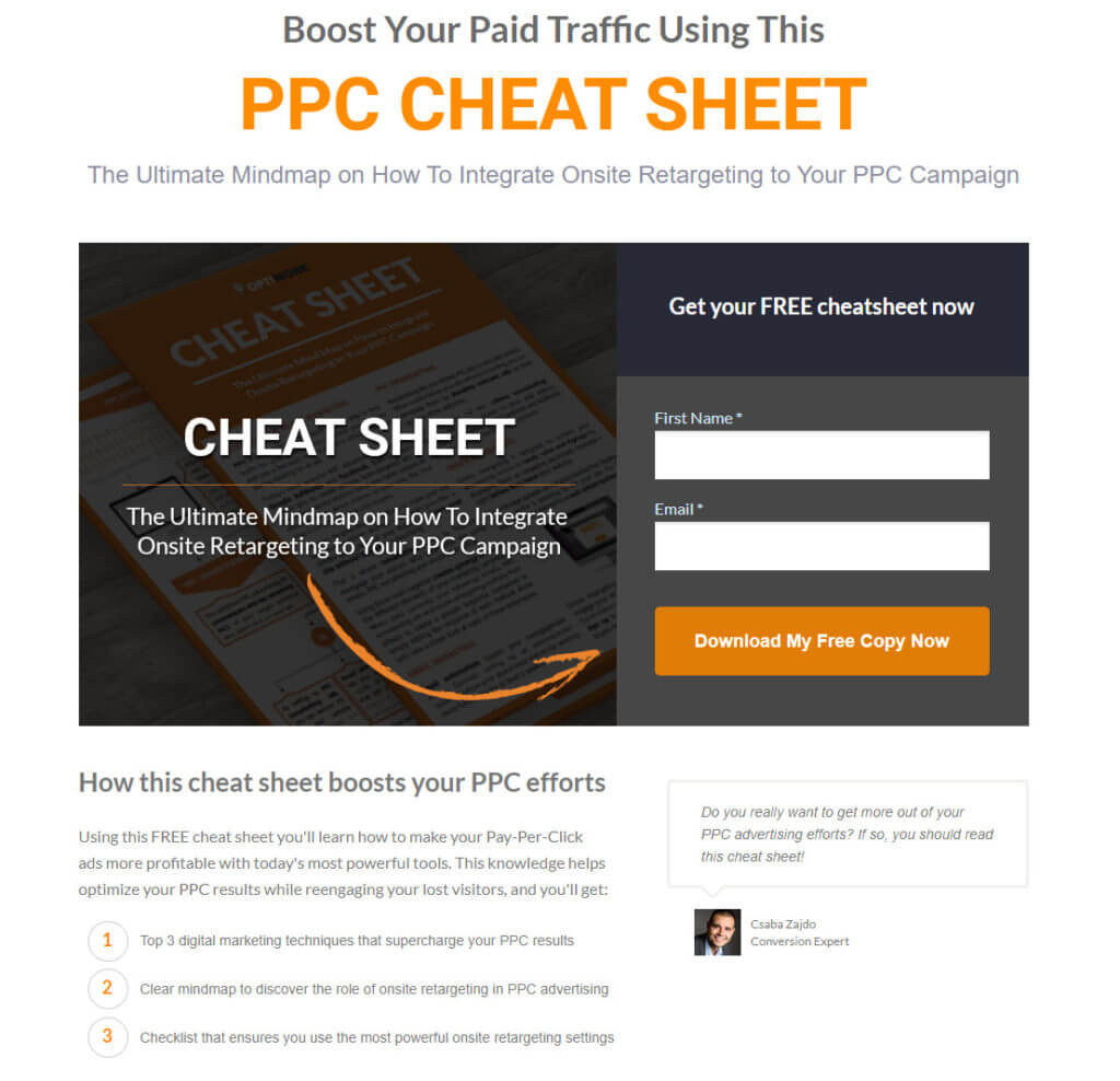 Optimonk PPC Cheat Sheet Page Screenshot