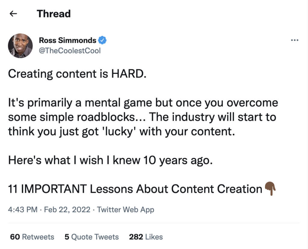 Screenshot of Ross Simmonds Tweet on creating content
