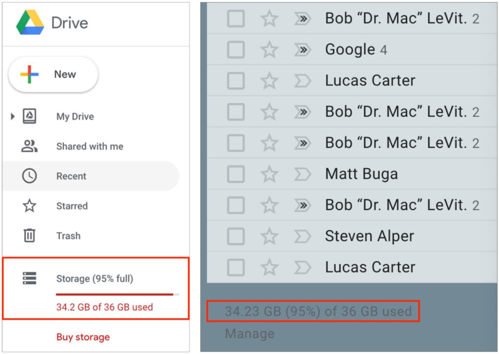 Screenshot of Account usage numbers in Google Drive and Gmail