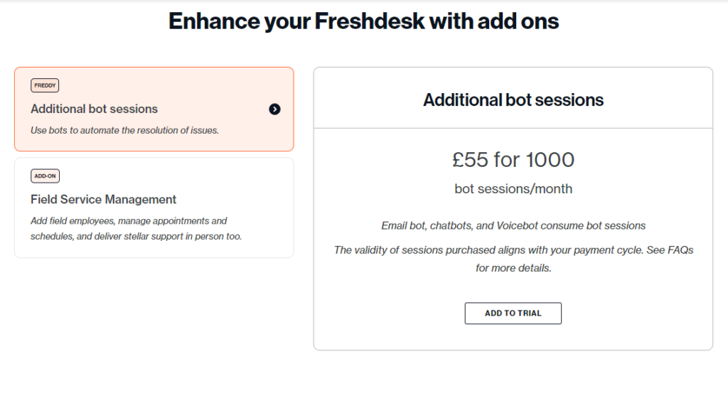 Screenshot of FreshDesk Supplementary Products on its Pricing Page