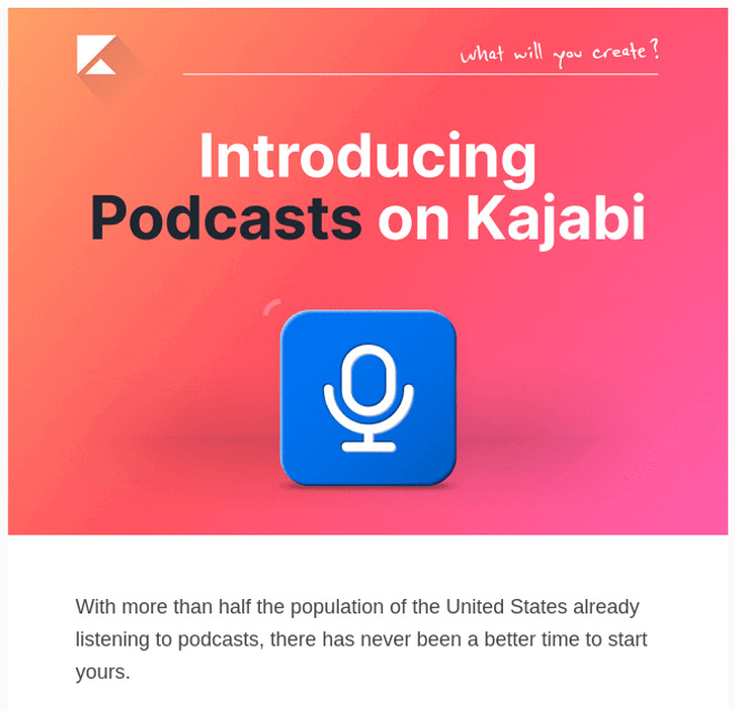 Screenshot of Kajabi Email Cross-selling its Podcast Feature