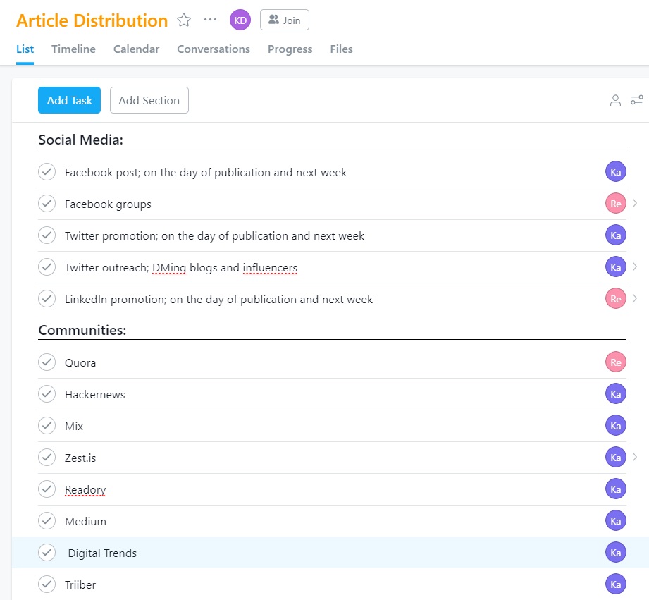 Screenshot of how Nightwatch uses Asana to organize distribution