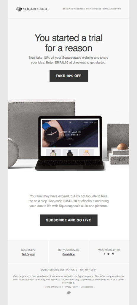 Screenshot of Squarespace Start of Trial Email