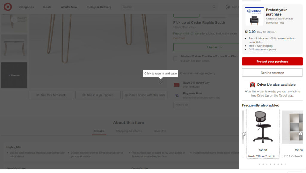 Screenshot of Target’s Frequently Also Added Items Feature in the Cart