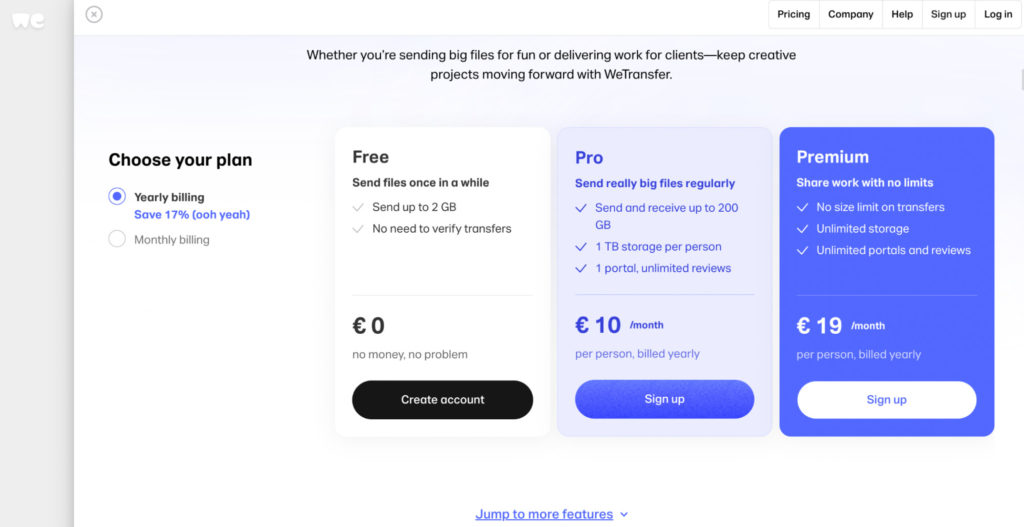 Screenshot of WeTransfer Pricing Page