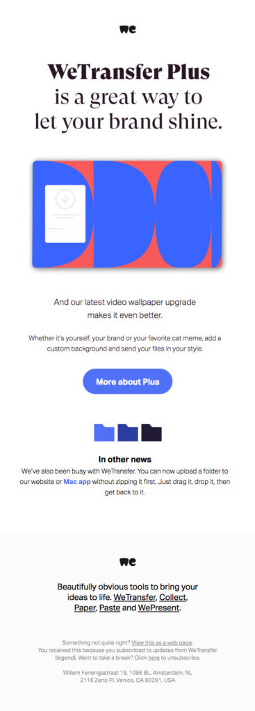 Screenshot of WeTransfer Upsell Email