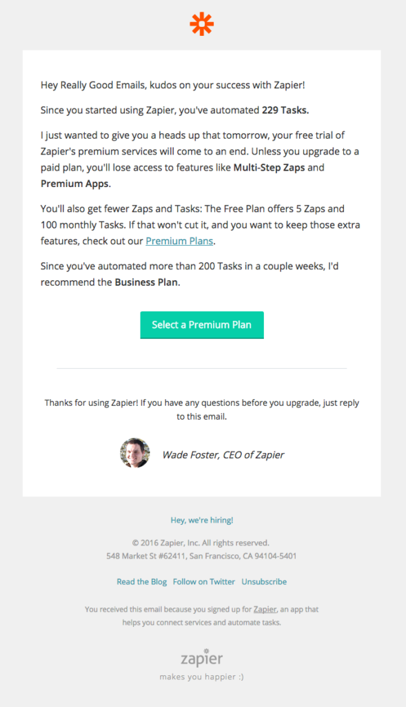 Screenshot of Zapier End of Free Trial Notification