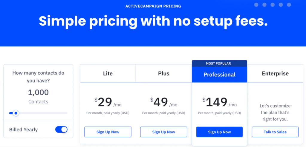 Screenshot of Active Campaign Pricing Page