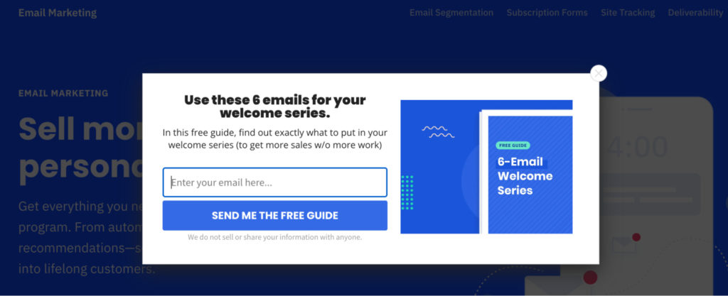 Screenshot of Activecampaign’s exit popup on their email marketing product page