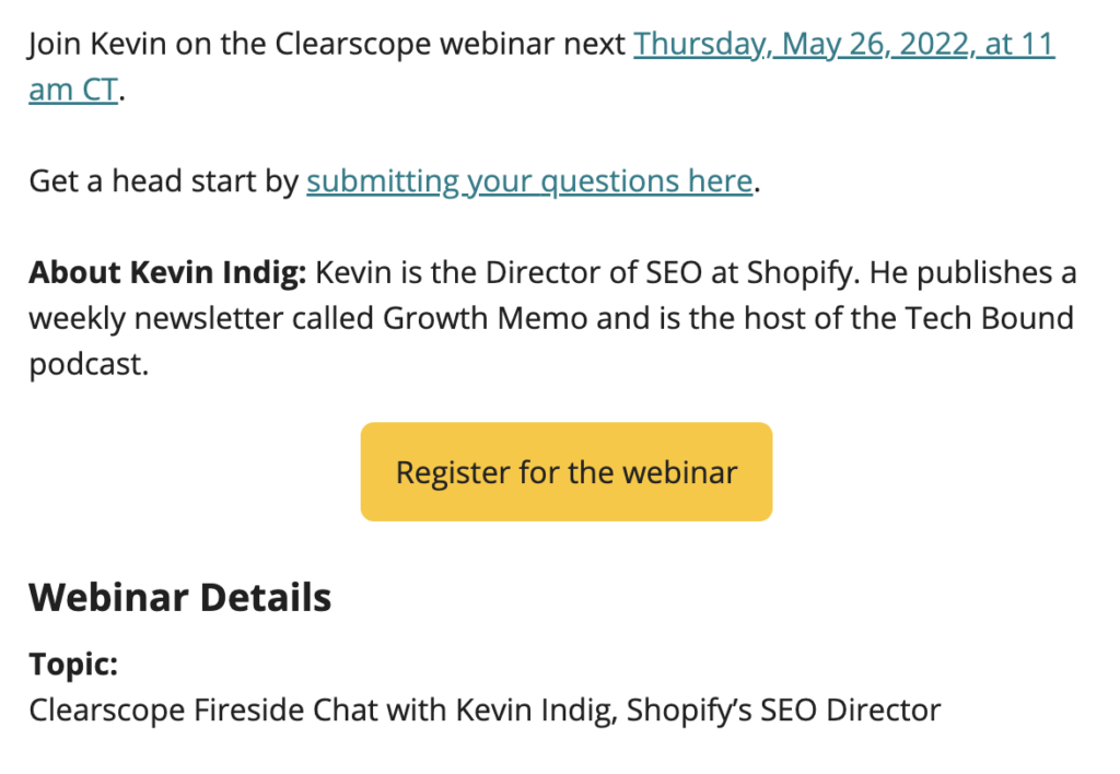 Screenshot of Clearscope Inviting Users on their Webinar