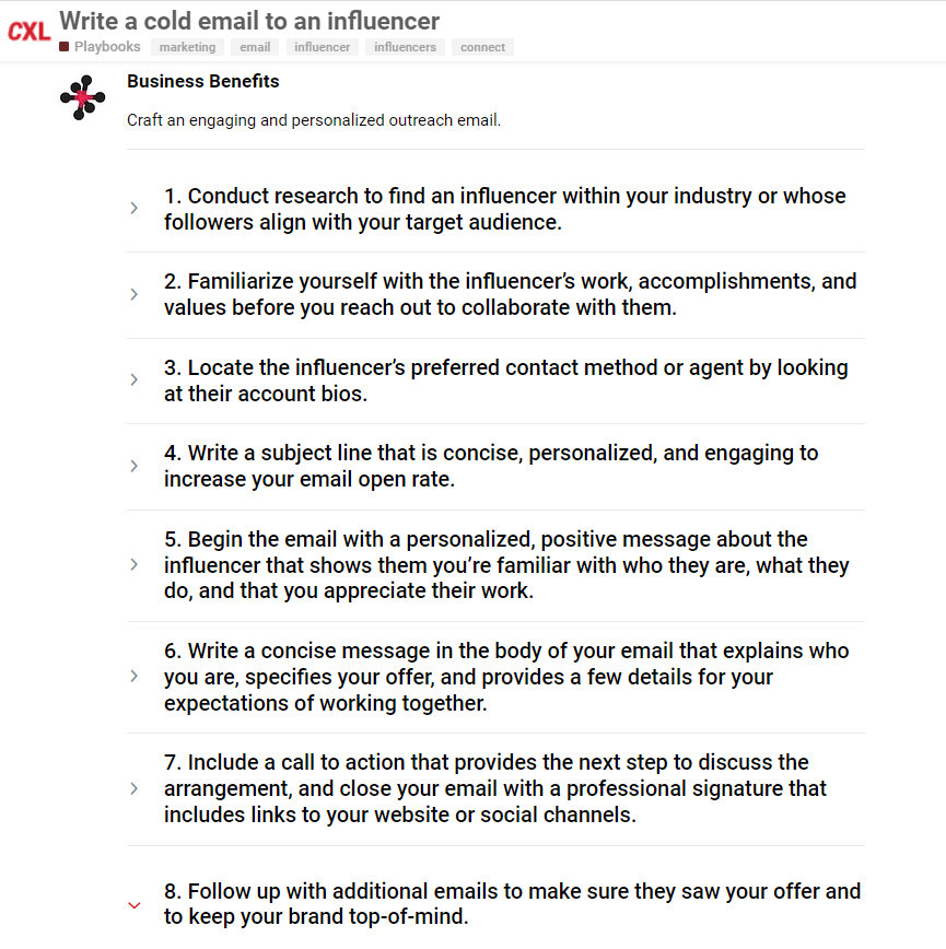 Screenshot of CXL Playbook offers actionable steps for certain tasks with numbered lists