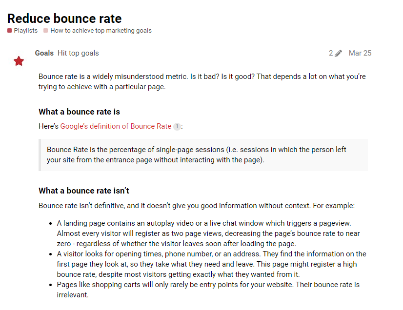 Screenshot of CXL Playbook addressing bounce rate 