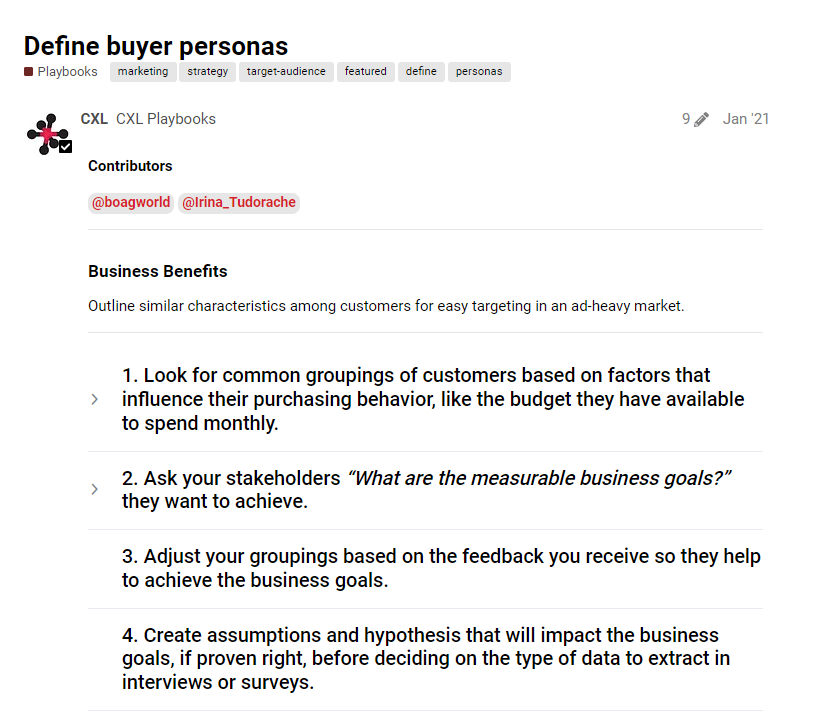 Screenshot of CXL Playbooks Defining Buyer Personas